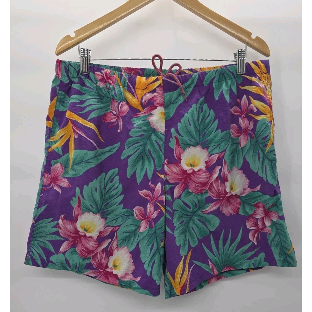 Vintage 80s 90s Chaps Ralph Lauren Men's L Floral Hawaiian Swim Shorts Purple